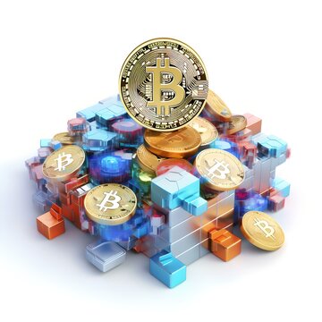 A golden Bitcoin standing on a pile of colorful digital blockchain cubes