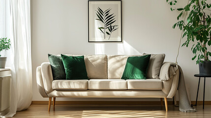 living room minimalist cozy Scandinavian style. beige sofa, green pillows