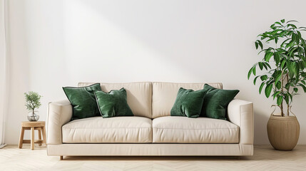 living room with  beige sofa, green pillows