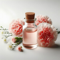 glass bottle of carnation essential oil on white background