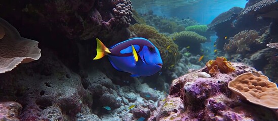 Fototapeta na wymiar A blue and yellow Blue Tang fish is actively feeding on algae from rocks and coral reef in its natural habitat. The vibrant colors of the fish stand out against the colorful coral backdrop.