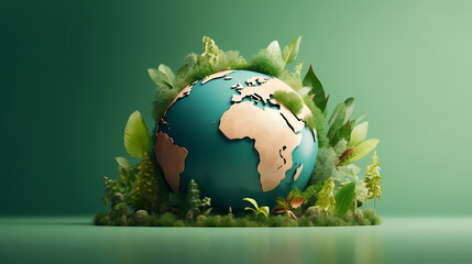Illustration of earth surrounded by green leaves on soft blue background