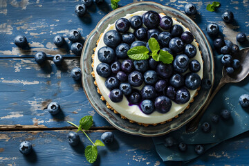 Sweet creamy blueberry cheesecake with fresh blueberries on a blue wooden background, top view - obrazy, fototapety, plakaty