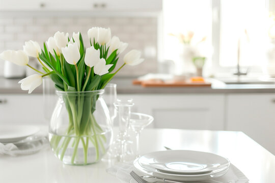 Spring-themed dinner table in white kitchen with fresh white flowers as vertical background image