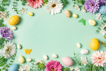 Happy Easter composition for easter design. Elegant Easter eggs and spring flowers on mint background. Flat lay, top view, copy space.