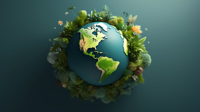 Illustration of earth surrounded by green leaves on soft blue background