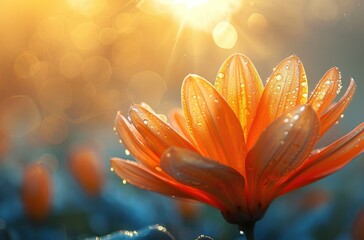 an orange flower washed with sunlight over the sun