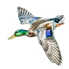 a Drake Mallard duck flying side view, PNG, in a waterfowl-themed, isolated, and transparent photorealistic illustration. Generative ai