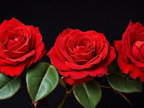  Bouquet of beautiful red roses on a black background ai image 