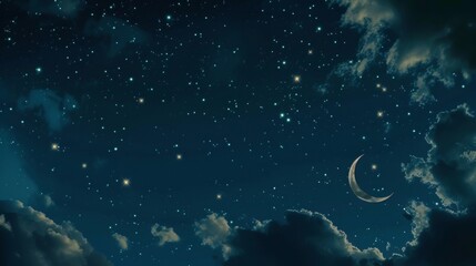 Obraz na płótnie Canvas Dreamy Anime Sky with Crescent Moon and Twinkling Stars