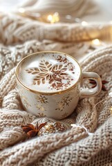 cup of hot cocoa on a wool sweater set against snowflakes
