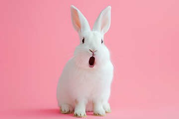 White cute rabbit is looking out of the image with a surprised expression on pink background, free space for your advertising	
