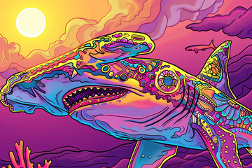 A psychedelic Hammerhead Shark. Generative AI