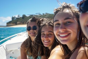Obraz premium Group Portrait: Friends Sailing on a Small Boat on a Sunny Vacation Day