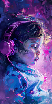 Girl Listening Music with Headphones Colorful Concept Drawing Art image HD Print 4608x9216 pixels ar1:2. Neo Modern Art V5 25