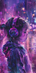 Girl Listening Music with Headphones Colorful Concept Drawing Art image HD Print 4608x9216 pixels...