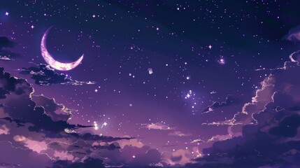 Obraz na płótnie Canvas Anime Background - Crescent Moon and Galaxy Stars in Minimalist Style