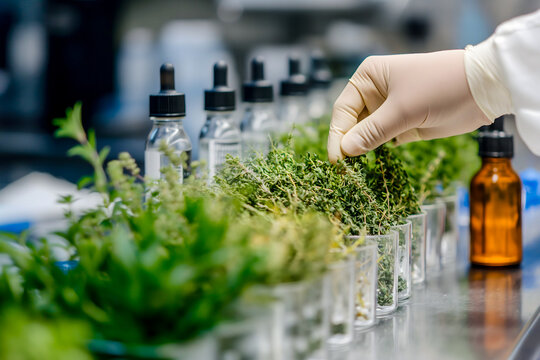 A scientist's hand is inspecting herbal plant raw materials for laboratory analysis to classify the types of herbs before scientific instrumentation analysis.