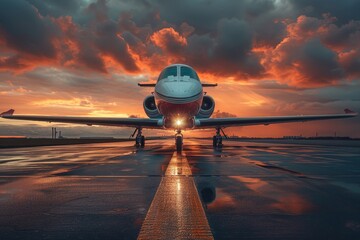 A magnificent private jet poised on a wet runway reflecting the lights at dawn, symbolizing luxury...