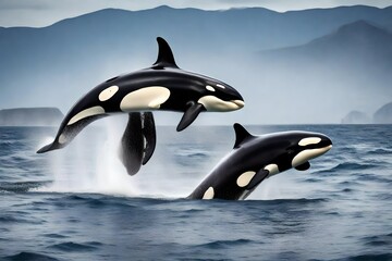 KILLER WHALE orcinus orca, PAIR LEAPIN A pair of leaping orcas, commonly known as killer whales.