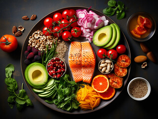 A balanced plate of food with lean proteins, whole grains, colorful vegetables, and healthy fats 