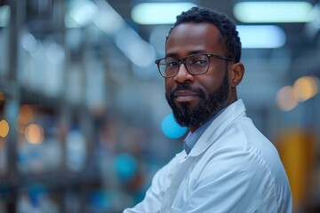 Obraz premium A professional man in a lab coat stands confidently in an industrial facility, with equipment blurred in the background