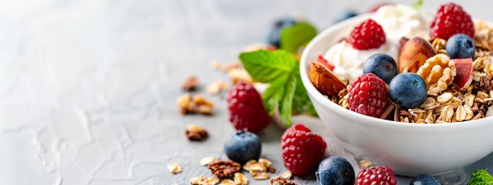 a bowl of granola with berries and nuts on a table with leaves