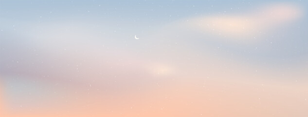 Little moon in the vanilla sky with clouds. The candy-colored sky looked warm and romantic. Gradient background. Vector illustration.