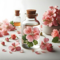 glass bottle of geranium essential oil on white background