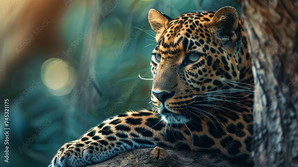 Wall mural a wild leopard blending into its surroundings, resting on a tree in closeup