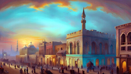 view of the mosque - Oil painting - obrazy, fototapety, plakaty