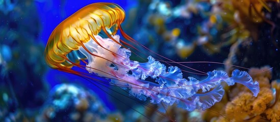 A yellow and white jellyfish with fluorescent tentacles gracefully swims in a clear aquarium tank surrounded by water.