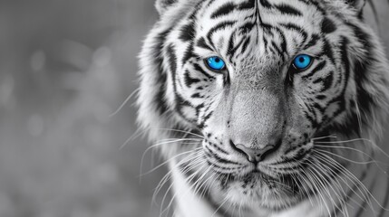 a closeup portrait of a majestic white tiger with enchanting blue eyes