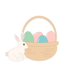 Basket with Easter eggs and cute bunny rabbit. Spring holiday event symbol. Vector flat with outline illustration on pastel color