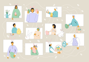 Easter exchange gifts event online. People with eggs, bunny ears celebration spring holiday together with internet. Friends and family spend vacation time. Vector flat illustration
