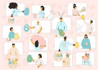 Easter event. People with eggs, bunny ears celebration spring holiday together online. Friends and family take part on Easter egg hunt party. Vector flat illustration