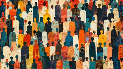 Vibrant diversity: abstract art seamless pattern of colorful people crowd. Illustration celebrating multi-ethnic community and cultural diversity in modern collage painting