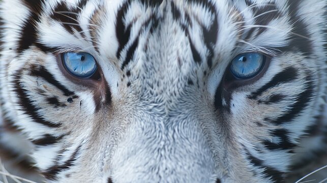 a close encounter with a majestic white tiger, its face up close with blue eyes