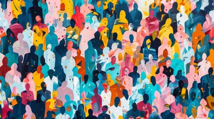 Fototapeta na wymiar Vibrant diversity: abstract art seamless pattern of colorful people crowd. Illustration celebrating multi-ethnic community and cultural diversity in modern collage painting