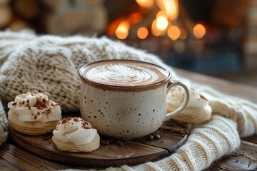 A warm scene with a coffee cup surrounded by a soft knitted sweater, cookies, and twinkling lights in the background