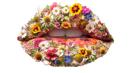 Spring concept. Beautiful female lips partially covered with colorful flowers. Symbols of beauty and tenderness represent the infinite miracle of the arrival of spring. The kiss of spring.