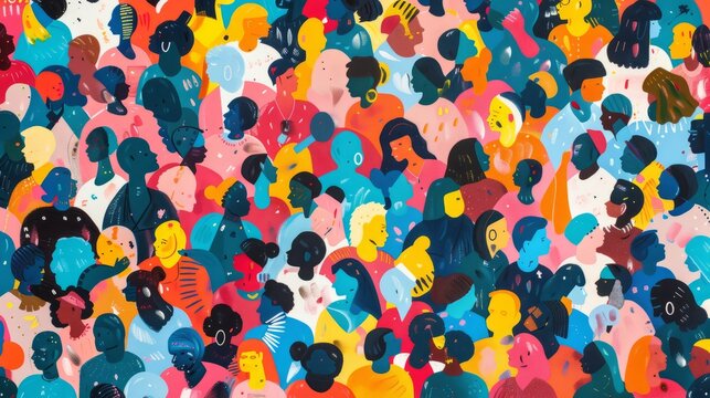 Vibrant diversity: abstract art seamless pattern of colorful people crowd. Illustration celebrating multi-ethnic community and cultural diversity in modern collage painting