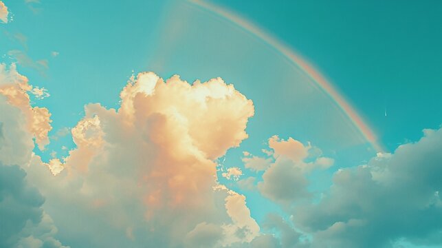 breathtaking closeup of a vibrant rainbow in the blue sky with fluffy clouds