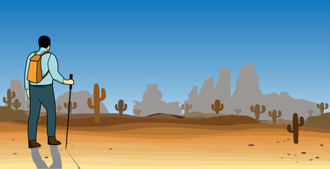 hiker in western desert with cactus