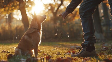 dog owner training his dog in park, building a lasting bond through obedience and outdoor exercise