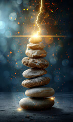 Zen stones stacked on blue background being hit with lightning bolts.