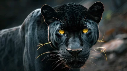 Tuinposter closeup of black panther with yellow eyes, isolated on dark background, showcasing the beauty and strength of the majestic predator © CinimaticWorks
