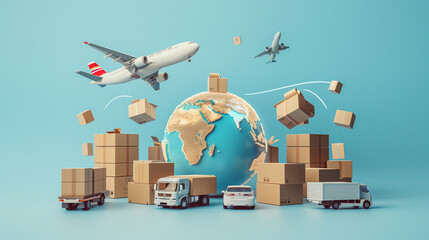 Global Logistics and Worldwide Shipping Concept with Earth, Trucks, and Airplanes