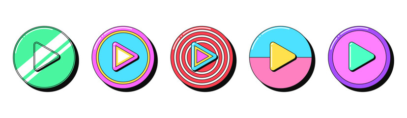 Isolated retro play button icon set, vector stickers. Player, start sign, music and video content, game stream. Outline 3d play buttons with pattern. Retro design elements for ads and pop culture © Дмитрий Майер