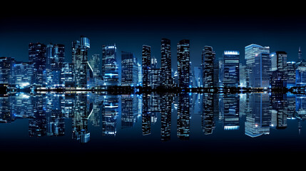 Futuristic City Skyline at Night with Reflective Water Surface
